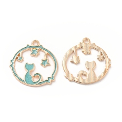 Светлый Морско-зеленый Подвески из эмали и сплава, плоская круглая с подвеской в виде кошки и звезды, золотые, светло-зеленый, 23.5x23.5x1.5 мм, отверстие : 1.5 мм