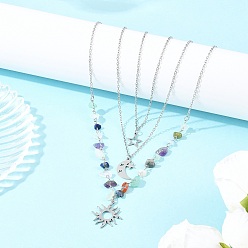 Смешанные камни 201 Подвеска из нержавеющей стали «Солнце, Луна, Звезда», смешанные камни и 304 звенья цепи из нержавеющей стали 3 многослойные ожерелья для женщин, цвет нержавеющей стали, 14.80~18.19 дюйм (37.6~46.2 см), 3 шт / комплект