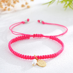 Камелия Браслеты с подвесками из латуни и искусственного жемчуга, плетеные браслеты из полиэфирного шнура для женщин, овальные с листа, камелия, 11.02 дюйм (28 см)