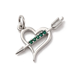 Темно-Зеленый Латунные микро проложить кубического циркония подвески, долговечный, без свинца и без кадмия, платина, сердце со стрелой, темно-зеленый, 18.5x18.5x2.5 мм, отверстие : 3 мм