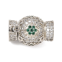 Platinum Brass Micro Pave Cubic Zirconia Box Clasps, Round with Flower, Platinum, 17x14x12mm, Hole: 5x1.3mm