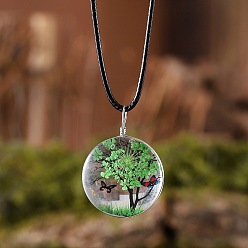 Зеленый лайм Плоские круглые стеклянные ожерелья с подвеской в виде сухоцвета и дерева внутри, черные вощеные шнуры, зеленый лайм, 17.52 дюйм (44.5 см)