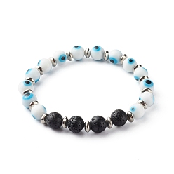 Белый Стрейч-браслеты ручной работы с дурным глазом лэмпворк из бусин, с натуральной лавой и 304 бусинами из нержавеющей стали, белые, внутренний диаметр: 2-5/8 дюйм (6.6 см)