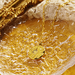 Настоящее золото 18K 304 колье из нержавеющей стали, текстурированное плоское круглое ожерелье с подвеской в виде звезды для женщин, реальный 18 k позолоченный, 17-3/4 дюйм (45 см)