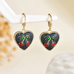 Черный Серьги-кольца из латуни с сердцем и вишней, реальный 18 k позолоченный, чёрные, 30x18 мм