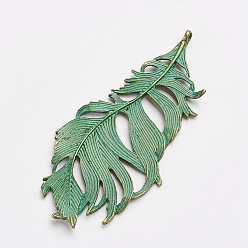 Antique Bronze & Green Patina Tibetan Style Alloy Pendants, Leaf, Antique Bronze & Green Patina, 86x38x2.5mm, Hole: 3mm
