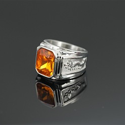 Оранжевый Прямоугольные кольца из нержавеющей стали с кубическим цирконием для мужчин., рисунок дракона, цвет нержавеющей стали, оранжевые, размер США 304 (7 мм)