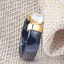 Черный Плоские круглые фарфоровые перстни для женщин и мужчин, с четким кубического циркония, золотые, чёрные, размер США 9 (18.9 мм)
