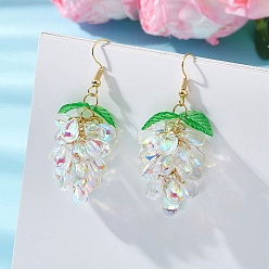 Прозрачный АВ Серьги из прозрачного стекла, с золотой латуни серьги крючки, винограды, ясно AB, 55x23 мм