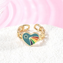 Разноцветный Латунные манжеты с открытыми кольцами, сердце, с эмалью, без кадмия и без свинца, долговечный, стойки покрытие, реальный 18 k позолоченный, красочный, размер США 9 (18.9 мм)