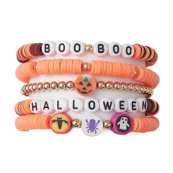 Orange 5Pcs 5 Styles Halloween Synthetic Non-magnetic Hematite & Polymer Clay Beaded Stretch Bracelet Sets, Bat & Pumpkin Stackable Bracelets, Orange, Inner Diameter: 2-1/8 inch(5.5cm), 1pc/style