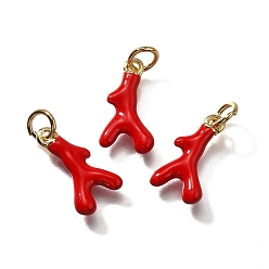 Красный Латунь эмаль подвески, с целью перехода в кольце, коралловые чары, без кадмия и без свинца, прочное покрытие, реальный 18 k позолоченный, красные, 14.5x8x3 мм, отверстие : 3 мм