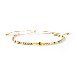Yellow Summer Adjustable Brass Round Beaded Slider Bracelets for Women, Real 14K Gold Plated, Yellow, 11.02 inch(28cm)