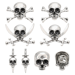 Antique Silver 8Pcs 4 Styles Halloween Alloy Lapel Pin Backs for Backpack Clothes, Skull, Antique Silver, 23.5~30x9~35.5mm, 2pcs/style