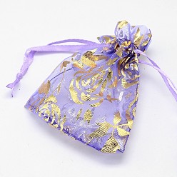 Mixed Color Gold Stamping Rose Flower Rectangle Organza Gift Bags, Jewelry Packing Drawable Pouches, Mixed Color, 9x7cm