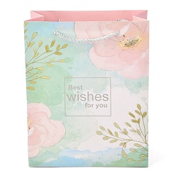 Coloré Sacs en papier rectangle, avec poignées en corde de coton, motif floral et mot, pour sacs-cadeaux et sacs à provisions, colorées, 21x11x26 cm