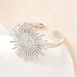 Platinum Sun Brass Micro Pave Cubic Zirconia Cuff Open Rings for Women, Cadmium Free & Lead Free, Rack Plating, Long-Lasting Plated, Platinum, 17mm