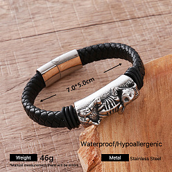 Skeleton Vintage 304 Stainless Steel Braided PU Leather Cord Bracelets for Men, with Magnetic Clasps, Stainless Steel Color, Skeleton, Inner Diameter: 2.76 inch(7cm)