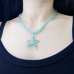 Бледно-бирюзовый Пляжная звезда стеклянная подвеска кошачий глаз круглые бусины ожерелья для женщин, бледные бирюзовая, 15.75 дюйм (40 см)
