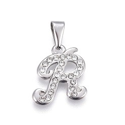 Letter R 304 Stainless Steel Pendants, with Rhinestone, Letter, Letter.R, 19x16.5x2mm, Hole: 3~3.5x7.5~8mm