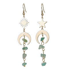 Зеленый Авантюрин Асимметричные серьги из латуни Moon & Sun & Star, серьги с кисточками из натуральной зеленой крошки авантюрина, 76~85x18 мм