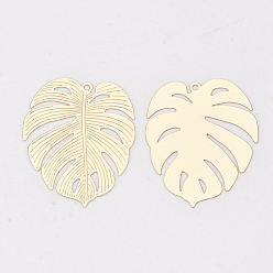Light Gold Латунные подвески, подвески из тропических листьев, без кадмия, без никеля и без свинца, гравированные металлические украшения, долговечный, лист монстры, золотой свет, 29.5x25x0.3 мм, отверстие : 1.2 мм