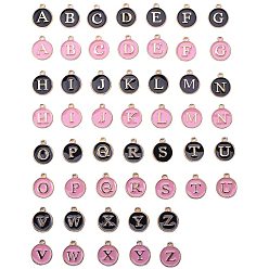 Gemischte Farbe Doppelseitige Legierung Emaille Charms, flach rund mit Alphabet, Gemischte Farbe, 14x12x2.2 mm, Bohrung: 1.5 mm, 52 Stück / Karton
