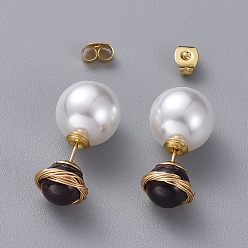 Garnet Natural Garnet Ball Stud Earrings, with Acrylic Pearl Ear Nuts, Golden Plated 304 Stainless Steel Stud Earring Findings and Ear Nuts, 10~10.5mm, Pin: 0.6mm