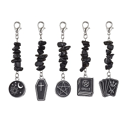 Obsidienne Décorations pendantes en alliage émaillé, avec puce d'obsidienne naturelle et fermoir en alliage, formes mixtes, noir, 70~76mm, 5 style, 1 pc / style, 5 pièces / kit