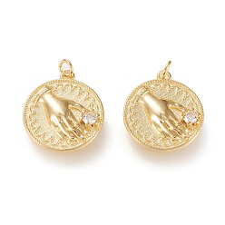 Золотой Латунные микропаве прозрачные подвески с фианитом, долговечный, плоские круглые пальмовыми, золотые, 20x18x3 мм, переходное кольцо: 4.5x0.7 мм, 2.7 мм внутренний диаметр