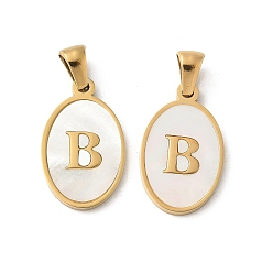 Letter B Натуральный ракушечный овал с инициалами, с 304 установками из нержавеющей стали, ионное покрытие (ip), реальный 18 k позолоченный, белые, В письме, 21x13x2 мм, отверстие : 3.5x5 мм