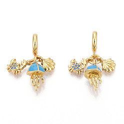 Настоящее золото 18K Латунь микропаве прозрачный кубический цирконий европейские подвески с подвесками, с эмалью, медуза, ракушка и краб, Подвески с большими отверстиями, без кадмия и без свинца, реальный 18 k позолоченный, 29.5~30.5 мм, отверстие : 4.5 мм