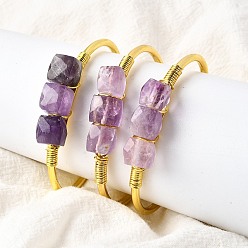 Аметист Браслеты-манжеты из натуральных аметистовых бусин для женщин, квадратный, с золотой медной проволокой, внутренний диаметр: 2-1/4x1-1/2 дюйм (5.55x3.8 см)