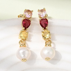 Фуксиновый Круглые латунные серьги-гвоздики с микропаве из кубического циркония, с натуральной жемчужиной, стойки покрытие, долговечный, без кадмия и без свинца, реальный 18 k позолоченный, красно-фиолетовые, 33~34x8.5~9 мм