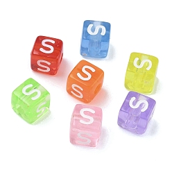Letter S Прозрачные акриловые бусины, окрашенные спреем, куб с письмом, разноцветные, Письмо с, 9.5x9.5x10 мм, отверстие : 3.8 мм, Около 570 шт / 500 г