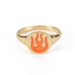 Coral Alloy Enamel Wide Band Rings, Cadmium Free & Lead Free, Light Gold, Oval with Flame, Coral, US Size 6 3/4(17.1mm)