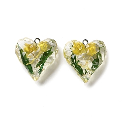 Желтый Подвески из прозрачной смолы с сухоцветами, с латунной найти, сердце прелести, желтые, 25.5x25.5x11 мм, отверстие : 1.8 мм