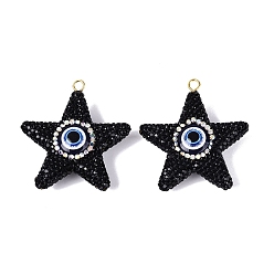 Jet Handmade Polymer Clay & Rhinestone & Resin Big Pendants, Star & Evil Eye Charms, with Iron Loops, Light Gold, Jet, 56~58x53~54x17~18mm, Hole: 3~4mm