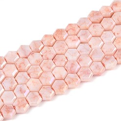 Темный Лосось Антикоррозийные гальванические стеклянные бусины, имитация драгоценных камней, шестиугольник, с покрытием AB цвета, граненые, два тона, темный лосось, 5x6x3 мм, отверстие : 0.9~1 мм, около 73~74 шт / нитка, 14.96~15.16'' (38~38.5 см)