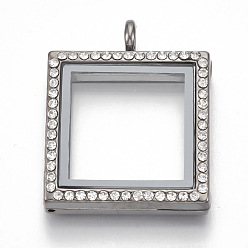 Gunmetal Alloy Magnetic Locket Pendants, with Rhinestone and Glass, Square, Crystal, Gunmetal, 36x29x7mm, Hole: 5mm, Inner Measure: 21x21mm