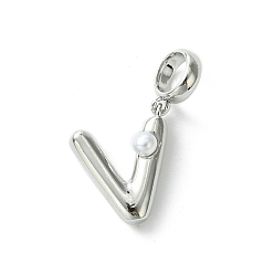 Letter V Покрытие стойки латунь с АБС-пластиком жемчуг европейские подвески, Подвески с большими отверстиями, долговечный, без свинца и без кадмия, платина, Буква V, 22 мм длиной, отверстие : 5 мм, Кулон : 14x12x5 мм