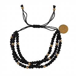 Black Boho Adjustable Faceted Rondelle Glass Braided Bead 3-Strand Bracelets, with 304 Stainless Steel Coin Charms, Golden, Black, 11.02 inch(28cm)
