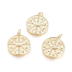 Настоящее золото 18K Латунные микро проложить кубического циркония подвески, с целью перехода в кольце, долговечный, Плоский круглый с луной и звездой, прозрачные, реальный 18 k позолоченный, 23x20.5x2 мм, отверстие : 3 мм