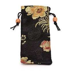 Black Polyester Pouches, Drawstring Bag, with Wood Beads, Rectangle with Floral Pattern, Black, 16~17x7.8~8x0.35cm