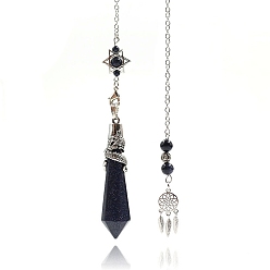 Blue Goldstone Synthetic Blue Goldstone Cone Dowsing Pendulum Big Pendants, with Meatl Woven Net/Web with Feather, Pendant: 68x16mm