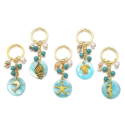 Золотой 5шт. AB цветные брелки-подвески в виде ракушек Capiz, с подвесками из сплава, бусинами из синтетической бирюзы и пластиковыми бусинами из искусственного жемчуга, железа отделились брелоки, Тема океана, золотые, 77~77.5 мм, 5 шт / комплект