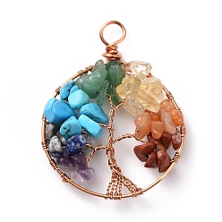 Золотой Большие подвески из медной проволоки из натурального и синтетического гместона, натуральный аметист, зеленый авантюрин, цитрин, лазурит, красная яшма и красный авантюрин, синтетических Говлит, смешанные окрашенные и неокрашенные, дерево, золотые, 54.5~55x42x8.5~9.5 мм, отверстие : 5.5~6.5 мм