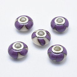 Blue Violet Handmade Polymer Clay European Beads, with Silver Color Plated Brass Cores, Large Hole Beads, Rondelle with Flower Pattern, Blue Violet, 13~16x8~11mm, Hole: 4.5~5mm