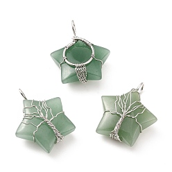 Green Aventurine Natural Green Aventurine Pendants, with Platinum Tone Copper Wire Wrapped, Cadmium Free & Lead Free, Star, 34~37.5x29~31x10~12mm, Hole: 5~6mm