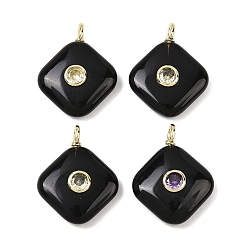 Обсидиан Природные подвески обсидиана, Подвески в виде ромбов с золотистой латунной микропаве из кубических цирконий разных цветов, 22.5~23.5x17.5x5.5~7 мм, отверстие : 2.5x1.5 мм